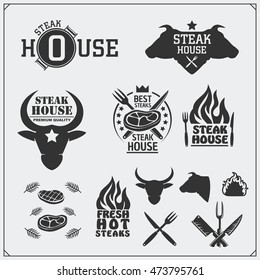 BBQ Collection. Set of vintage grill steak labels, badges and emblems.