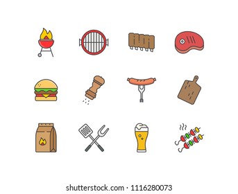 BBQ colored line icons set with barbecue grill, ribs, meat, hamburger, pepper, sausage, cutting board, charcoal, utensils, beer, kebab.