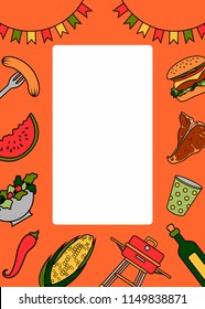 BBQ colorful frame. Vector illustration of barbecue objects. Background with space for text