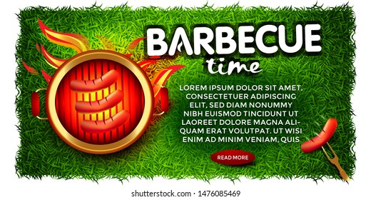 BBQ colorful poster design barbecue on green grass, party design, invitation, ad design. Barbecue logo. BBQ template menu design. Barbecue Food flyer. Barbecue advertisement.