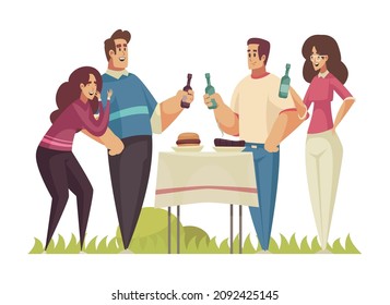 Bbq composition with group of happy friends with beer bottles and table with burger and sausage vector illustration