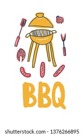 BBQ concept with handdrawn lettering. Barbecue composition with text. Cookout symbols. Summer outdoor cooking elements. Vector color illustration.
