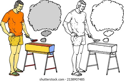 BBQ Cook Grill A Burger Patty On His Barbecue Pit With Blank Smoke Cloud For Text. Hand Drawn Vector Illustration.