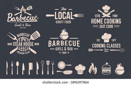 Conjunto de emblemas BBQ y Cooking Class.  
6 emblemas y 15 elementos para su propio diseño. Logo de Cocina y Cocina con cuchillos, sombrero de chef. Logo de la parrilla con Fork y Spatula. Ilustración del vector