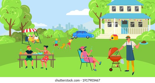 BBQ cooking, meat barbecue, outdoor, backyard people party, joyful family vacation, design cartoon style vector illustration. Delicious food, weekend out town, cheerful children playing on lawn.