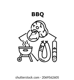 Bbq Cooking Meat Vector Icon Concept. Bbq Cooking Meat And Sausage, Preparing And Roasting Barbeque Food On Picnic Or Backyard. Roasted Nutrition Enjoying Outdoor Black Illustration