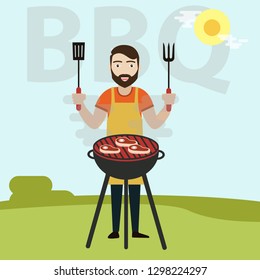 BBQ Cooking Vector. Man Cook Grill Meat On Bbq. Isolated Flat Cartoon Character Illustration - Vector illustration