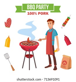 BBQ Cooking Vector. Man Cook Grill Meat On Bbq. Isolated Flat Cartoon Character Illustration
