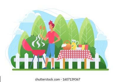 BBQ in the courtyard flat vector illustration. Barbecue on backyard. Grill party. Roasting steak outside. Barbeque in residential neighborhood. Serving picnic. Male cook cartoon characters