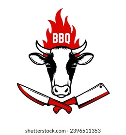 BBQ. Cow head on fire background, knife and meat cleaver. Design elements for poster, menu decoration. 