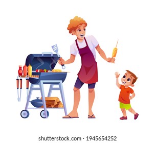 Bbq, Dad Gives His Son Corn Isolated Cartoon People Grilling Meat. Vector Father And Little Boy Cooking Outdoors, Parent And Child Spend Leisure Time Together. Grilling Machine And Logs, Sauces