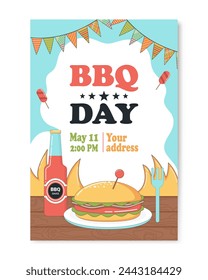 Bbq Day Poster Vector Template. Fast Food Party Poster, Flyer, Brochure Design Layout.