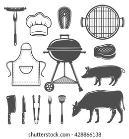 BBQ decorative graphic flat icons set with grill cooking tools cow pig apron cap isolated vector illustration 