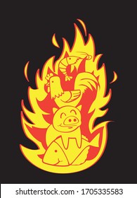 Bbq, design chicken pig cow  Shrimp fish  lamb, vector logo
