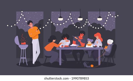 BBQ dinner party at the evening patio. Multi-ethnic group of people, friends, family. Barbecue night. A vector cartoon illustration.