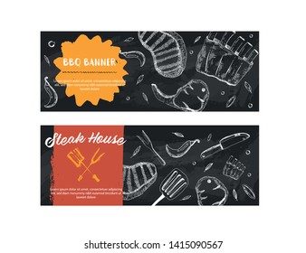 BBQ Doodle banner. Modern sketch. Blackboard Food menu. Raw pork meat. Barbecue wallpaper