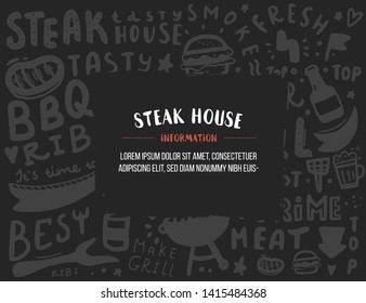 BBQ Doodle Banner. Modern Sketch. Blackboard Food Menu. Raw Pork Meat. Barbecue Wallpaper