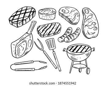 BBQ doodle food set line art style black vector illustration.