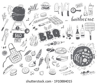 BBQ doodle set. Different elements, food, vegetables, fish and meat equipment