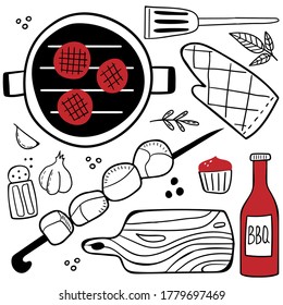 Bbq doodle set. Hand drawn modern barbeque cooking food collection, meat, vegetables and tools for grill party, vector illustration for restaurant cafe menus, banner or poster design elements