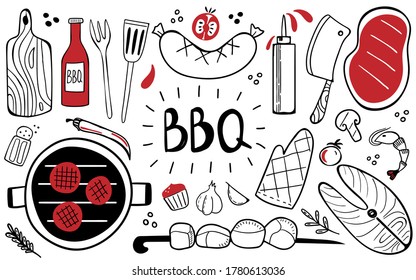 Bbq doodle set. Hand drawn modern barbeque cooking food collection, meat, vegetables and tools for grill party, vector illustration for restaurant cafe menus, banner or poster design elements