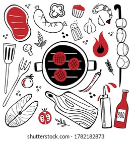 Bbq doodle set. Hand drawn modern barbeque cooking food collection, meat, vegetables and tools for grill party, vector illustration for restaurant cafe menus, banner or poster design elements