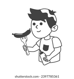BBQ element of black line set. In this BBQ-themed illustration with bold black outlines, a young boy savors a mouthwatering sausage hot off the grill. Vector illustration.