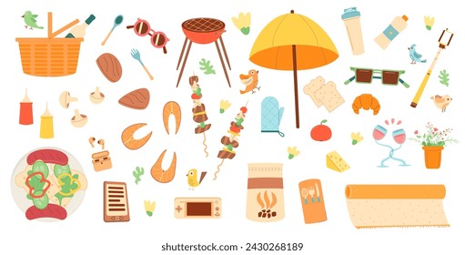 BBQ-Elementgruppe. Grill und Döner Elemente isoliert auf weißem Hintergrund. Sommer Picknick-Tagesmahlzeit im Park oder Garten. Vektorflache Darstellung.