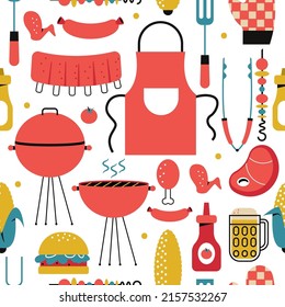 BBQ Elements Vector Cartoon Seamless Pattern Background For Wallpaper, Wrapping, Packing, And Backdrop.