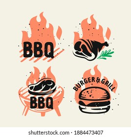 BBQ emblem on fire set for menu and cafe