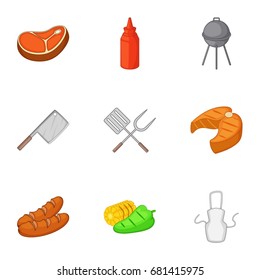 BBQ equipment icons set. Cartoon set of 9 BBQ equipment vector icons for web isolated on white background