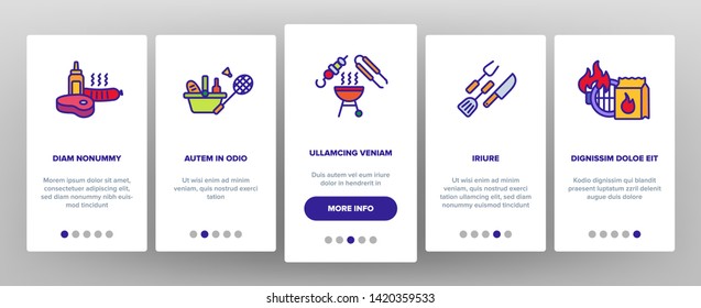BBQ Equipment, Tools Linear Vector Icons Set. Barbecue Thin Line Contour Symbol. BBQ Cooking Onboarding Mobile App Page Screen. Outdoor Leisure, Picnic, Hiking Concept. Grill Cooking Illustration