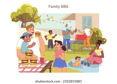 BBQ family party. Characters grilling meat and hamburger outside. Summer leisure with children, parents and grandparents. Backyard picnic on a weekend. Flat vector illustration