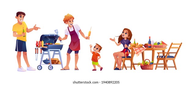 Bbq family party, people grill meat on griller, mother father and children isolated. Vector picnic table and chairs, son and daughter, parents cooking outdoors on vacation, weekend barbeque dinner