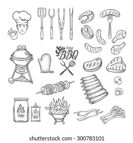 BBQ Feast Party Set,vintage engraving style, Isolated vector illustration, hand drawn elements. 