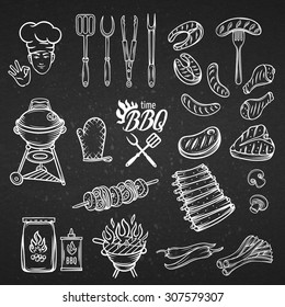 BBQ Feast Party Set,vintage engraving style, Isolated vector illustration, hand drawn elements.  White line on the black .