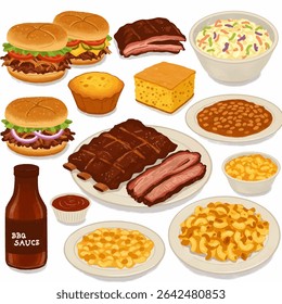 BBQ Feast Ribs with Burgers, Sides, and Isolated.