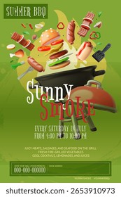 Cartaz de promoção do festival de churrasco. Grill com hambúrguer, shashlik, salsicha, frango, cachorro-quente, verduras. Local, promocional. Piquenique divertido ao ar livre. Ilustração em 3D vetorial. Fundo verde. Espaço para texto.