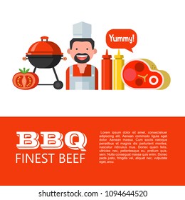 BBQ. Finest beef. Vector illustration of set of symbols. Happy cook, beautiful fresh steak, barbecue, mustard and ketchup, tomato. Yummy. Illustration with space for text.