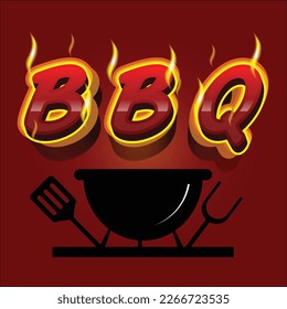 BBQ Fire flaming burn text, BBQ in red text with black grill cooking.vector illustration