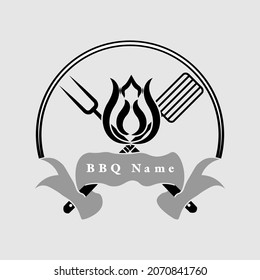 BBQ fire logo design and tools for processing meat.