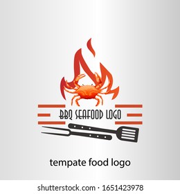 BBQ and fish with the fire logo template. Fish grill and meat with fork and spatula vector design. Illustration of logo of grilled fish