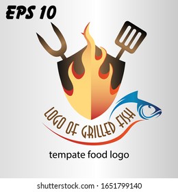 BBQ and fish with the fire logo template. Fish grill and meat with fork and spatula vector design. Illustration of logo of grilled fish