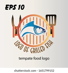 BBQ and fish with the fire logo template. Fish grill and meat with fork and spatula vector design. Illustration of logo of grilled fish