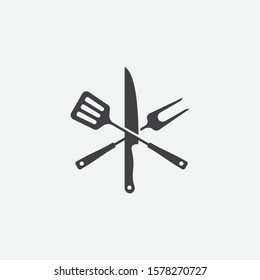 BBQ with flame icon, Grill sign meat and food icon, fork and spatula Barbeque icon symbol, Barbeque Icon Vector Illustration Sign