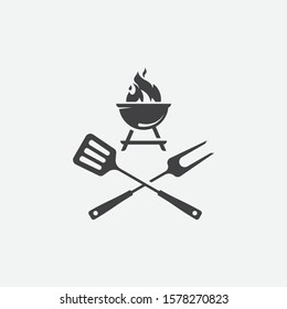 BBQ with flame icon, Grill sign meat and food icon, fork and spatula Barbeque icon symbol, Barbeque Icon Vector Illustration Sign