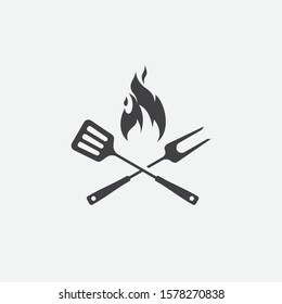 BBQ with flame icon, Grill sign meat and food icon, fork and spatula Barbeque icon symbol, Barbeque Icon Vector Illustration Sign