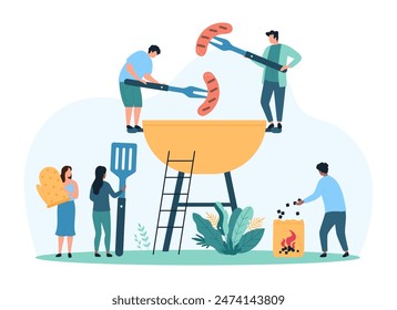 BBQ food cooking on fire, organic restaurant menu. Tiny people cook and roast hot barbecue meat sausages with fork and spatula, preparation for dinner or picnic party cartoon vector illustration