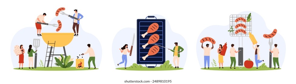 BBQ food cooking set. Tiny people cook chicken drumsticks, pork and beef meat sausages on metal grill, smoked and grilled meals preparation in home or restaurant kitchen cartoon vector illustration