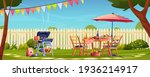 Bbq, food and drinks garden party in backyard, served table and chairs, umbrella. Vector fruits and vegetables, wine and beer, meat on skewer and hamburger. Green grass and fence, trees, holiday flags